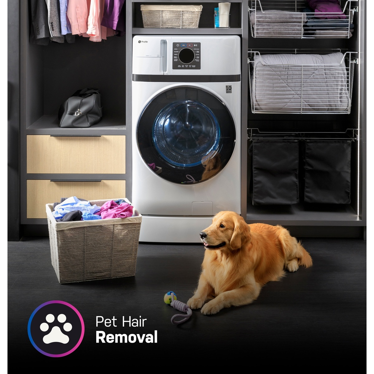 GE Profile all in one washer dryer combo installed in a closet with shelving, laundry basket, and a dog, with on image text reading Pet Hair Removal