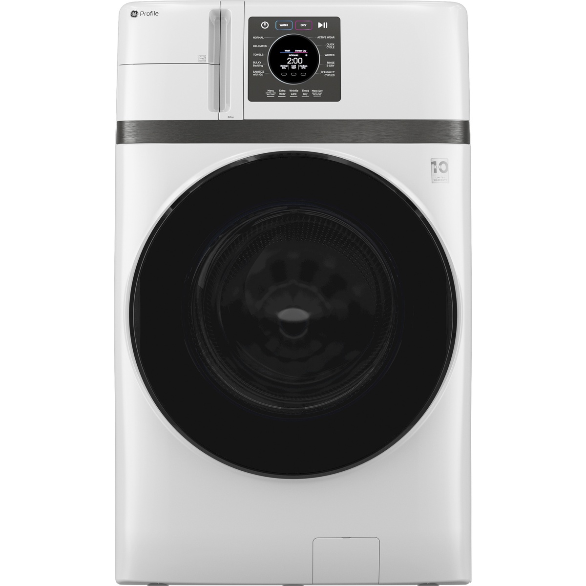 Front view of a white GE Profile all in one front load washer dryer combo with a large circular door and a digital control panel