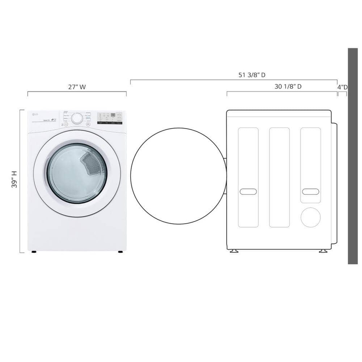 LG DLE3400W dryer dimension diagram showing 27 in width, about 39 in height, and depth measurements with the door open
