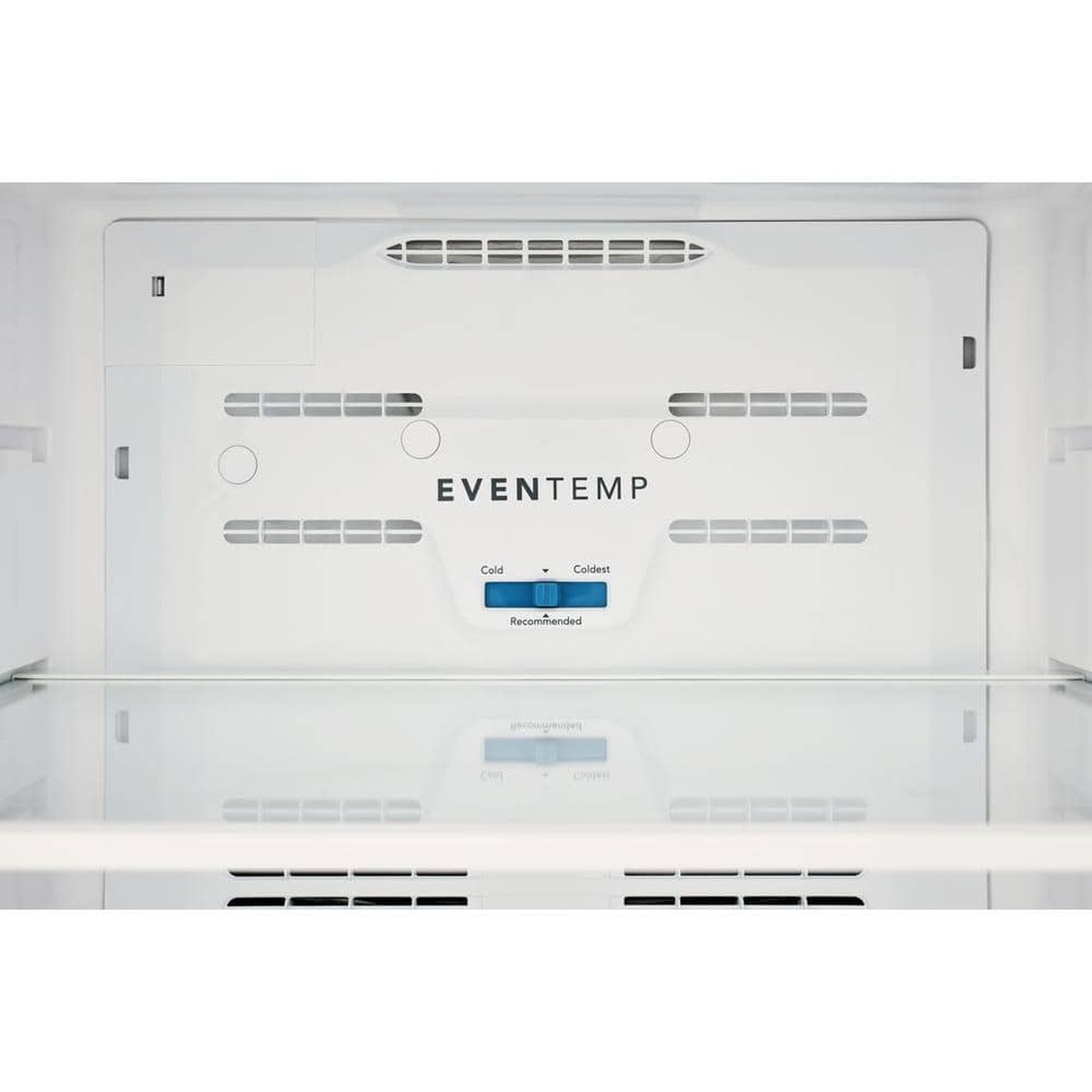 Close-up of the refrigerator interior showing the EvenTemp panel with a cold-to-coldest slider control