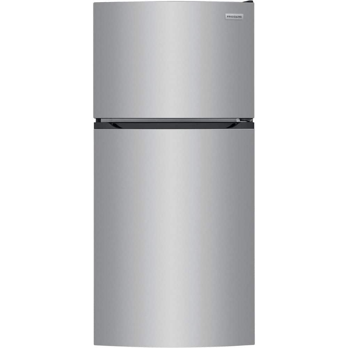Front view of a Frigidaire top-freezer refrigerator in a stainless look finish