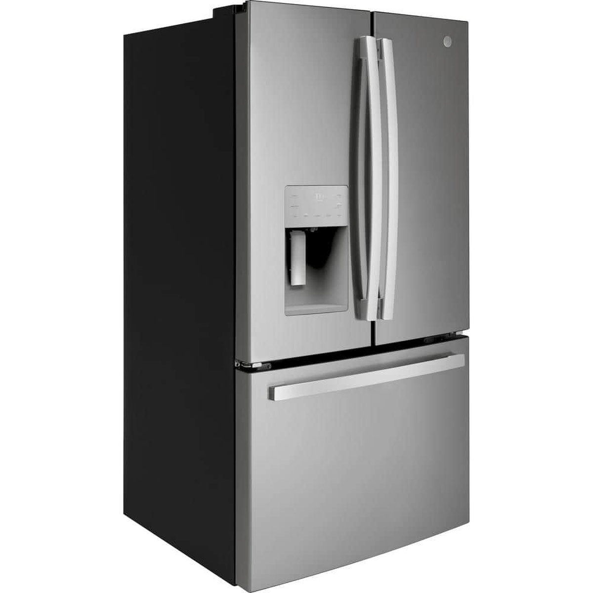 Angled view of a GE stainless steel French door refrigerator with an in-door water and ice dispenser