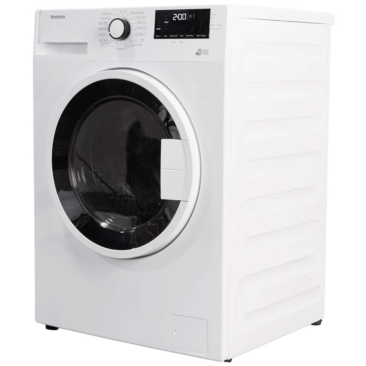 Angled view of a white Blomberg front-load washer showing the control dial, digital display, and detergent drawer