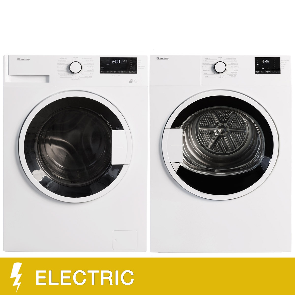 Front view of a white Blomberg front-load washer and matching electric dryer with dial controls and digital displays