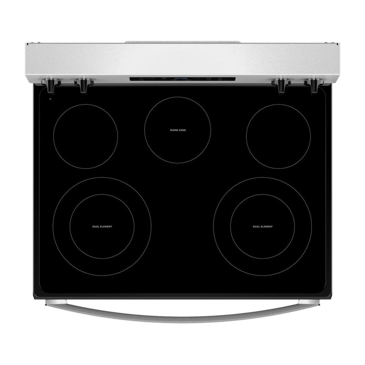 Top-down view of the black glass smooth cooktop showing five cooking zones, including a labeled warm zone and two dual elements