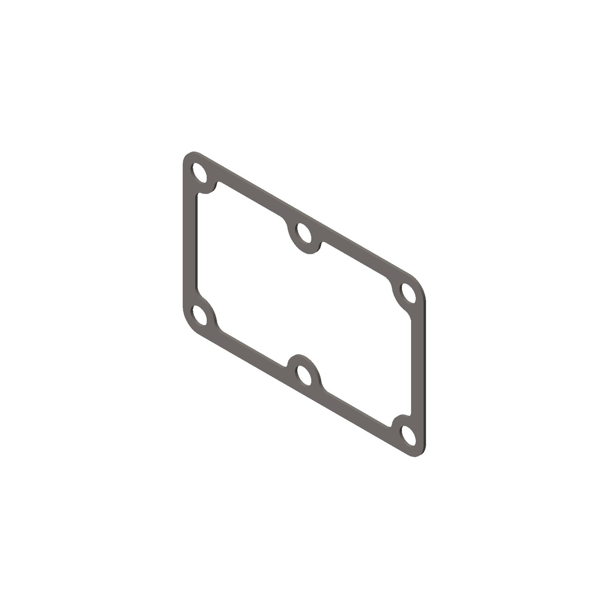 Angled view of a thin rectangular gasket with bolt holes