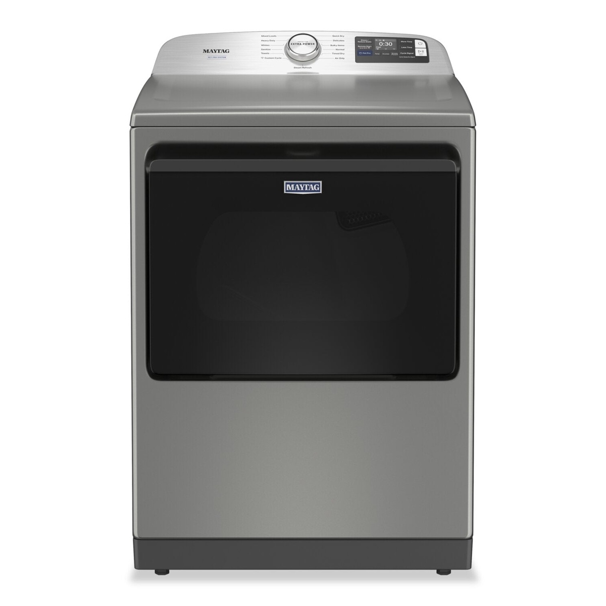 Front view of the Maytag electric dryer in radiant silver with a large black door window and top control panel