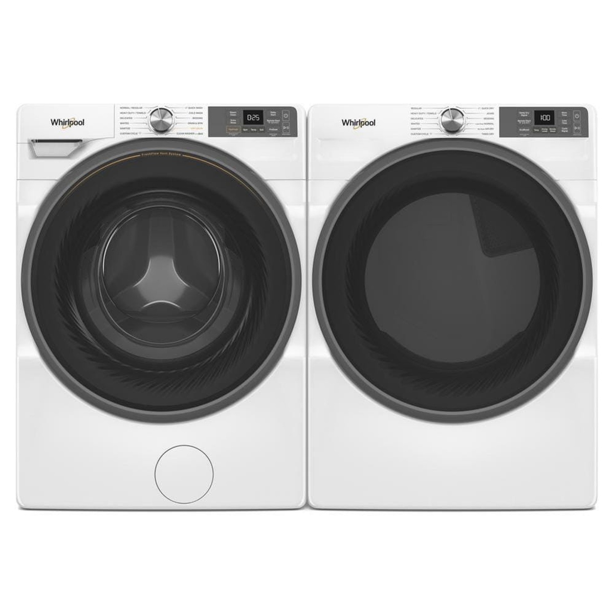 White Whirlpool front-load washer and matching front-load dryer shown side by side with matching dark door windows and front control panels