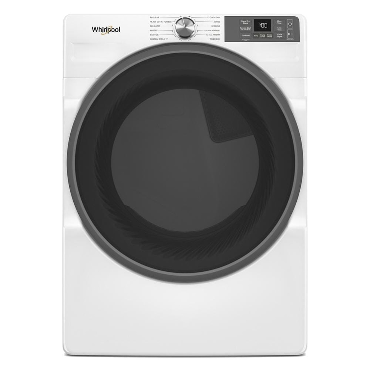 Front view of a white Whirlpool front-load dryer with a large dark door window and a front control panel with cycle dial and digital display