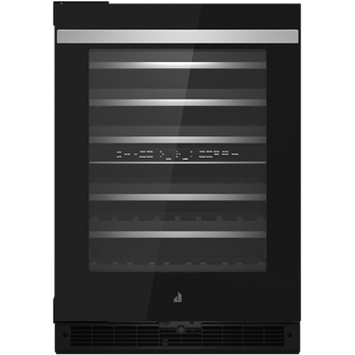 Front view of the JennAir 24-inch undercounter wine cooler with a dark glass door and minimalist NOIR style design