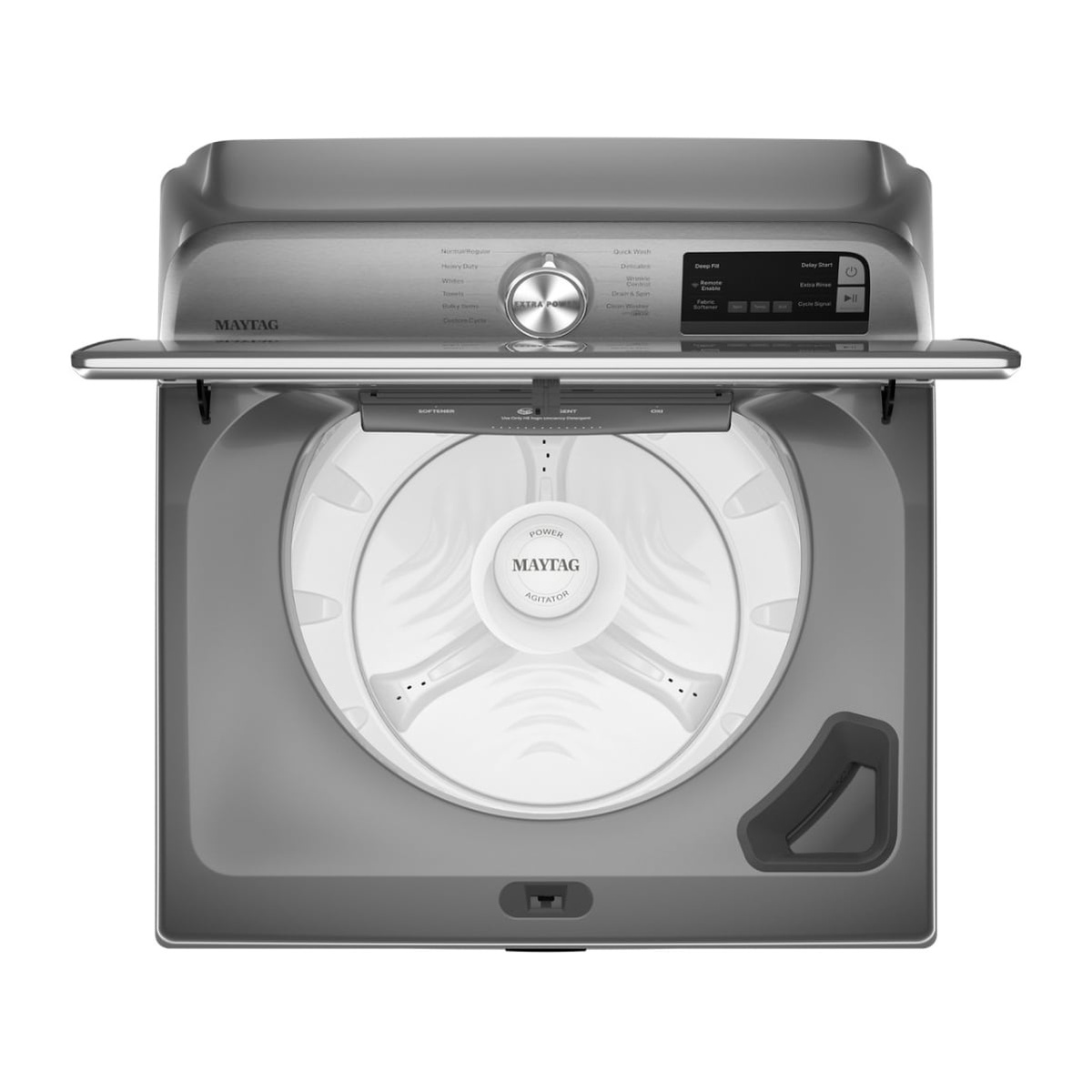 Top view of the Maytag MVW6230HC washer with the lid open, showing the tub and center agitator plus the control panel