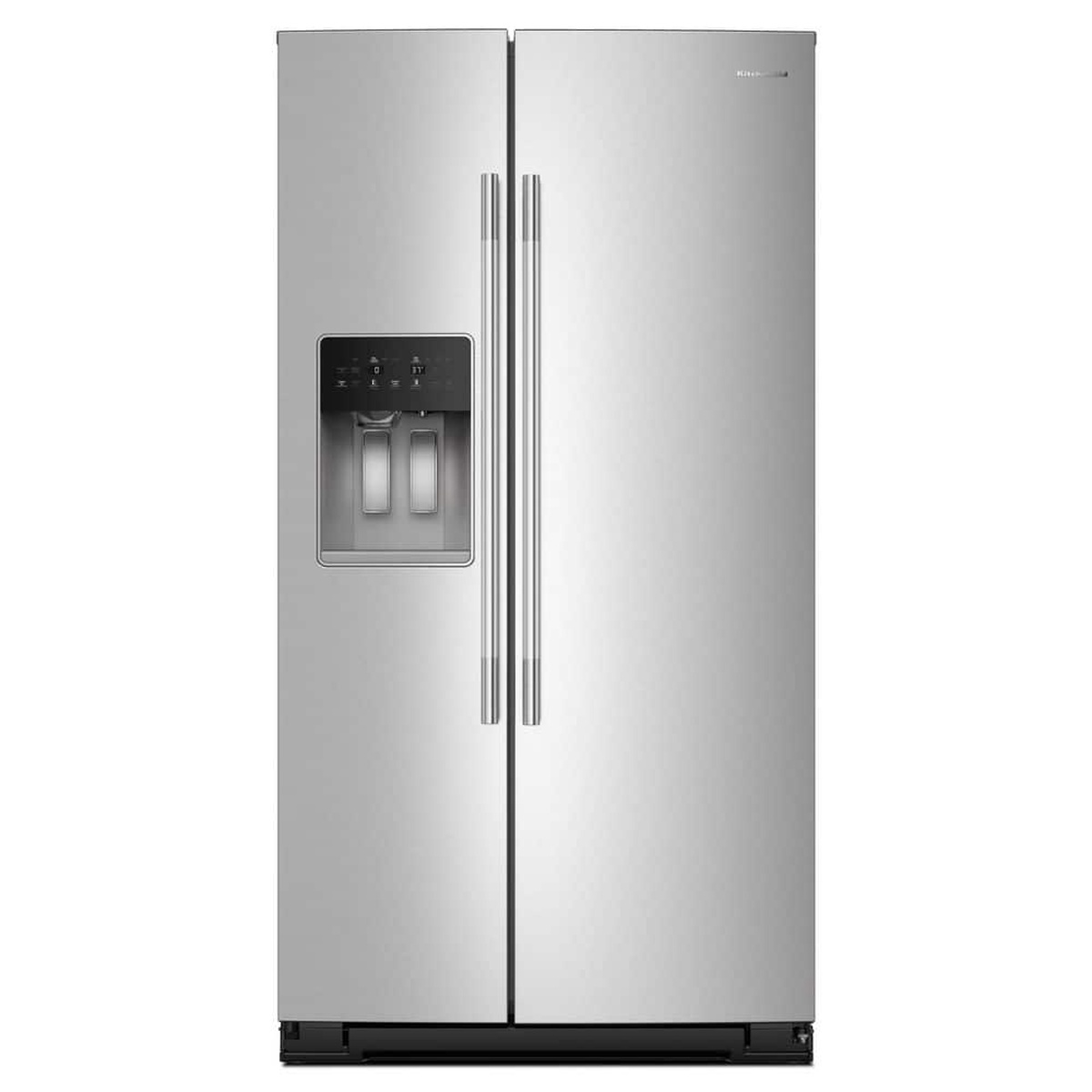 Front view of a stainless steel KitchenAid side-by-side refrigerator with an external water and ice dispenser on the left door