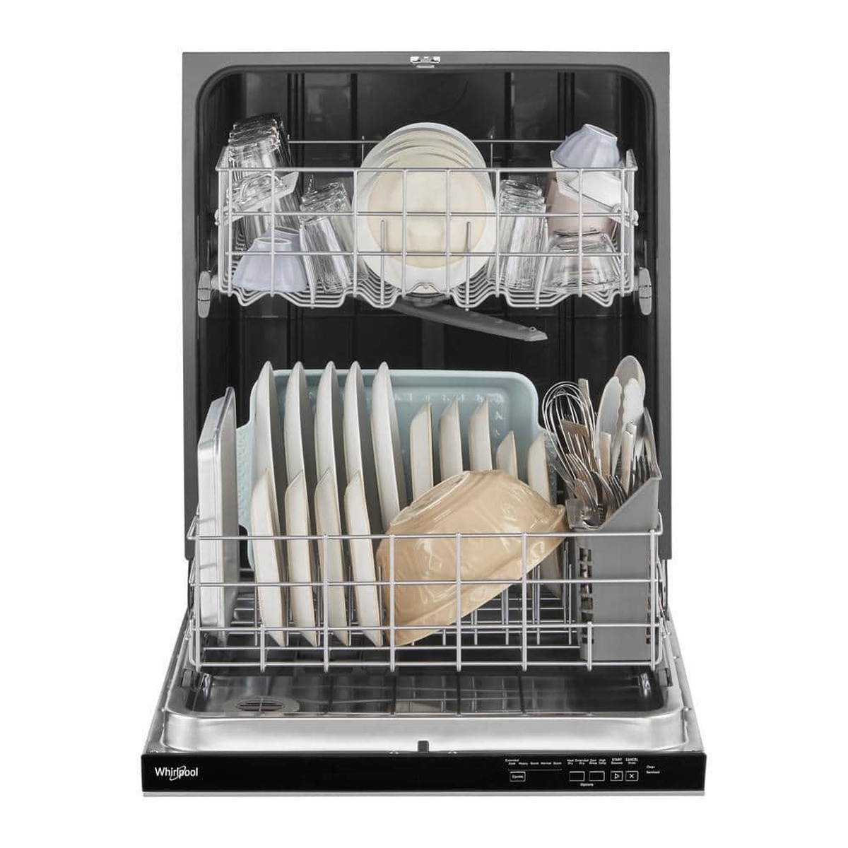 Open Whirlpool dishwasher loaded with plates, glasses, and a silverware basket in the lower rack