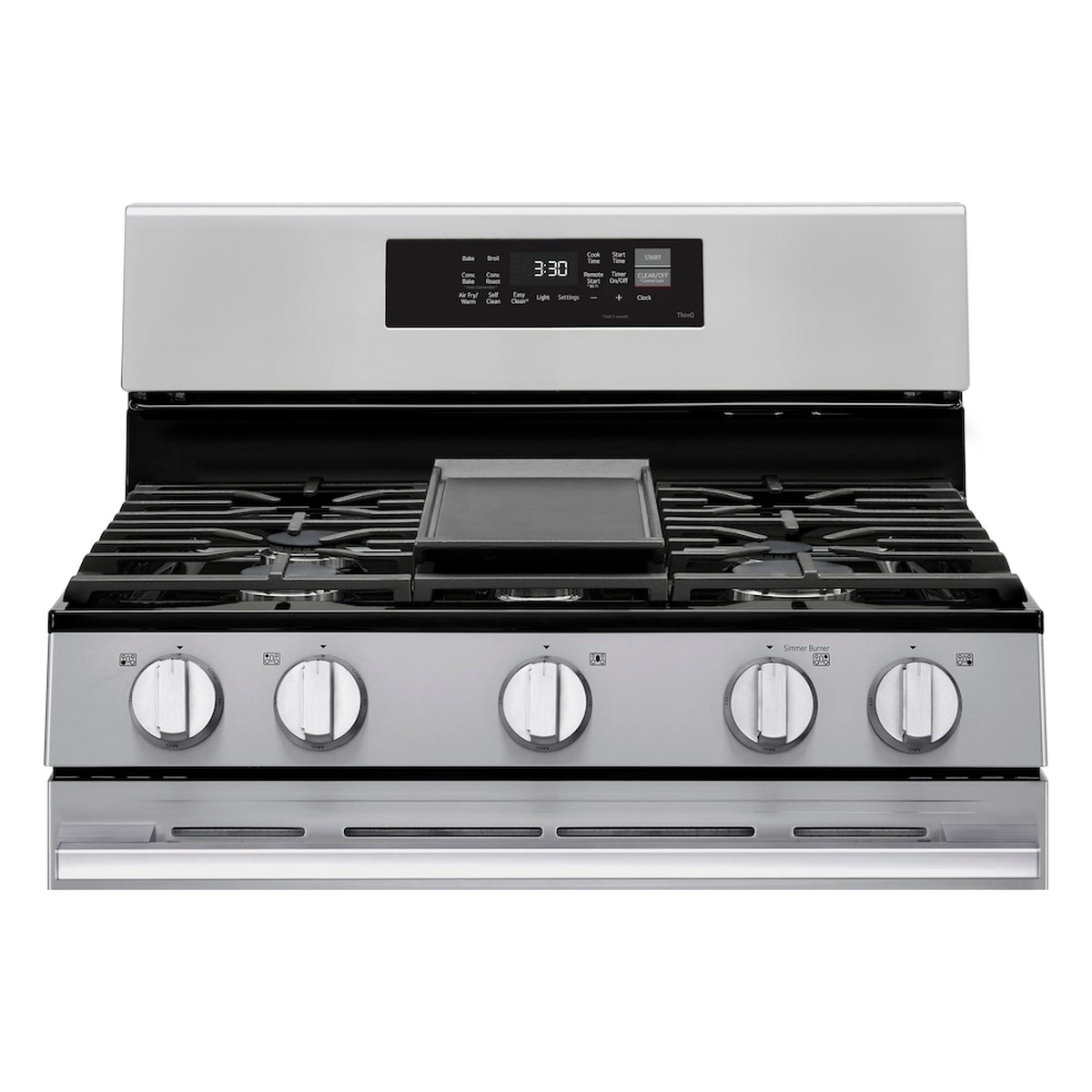 Close-up of the LG range cooktop with center griddle plate and the rear touch control panel with digital display