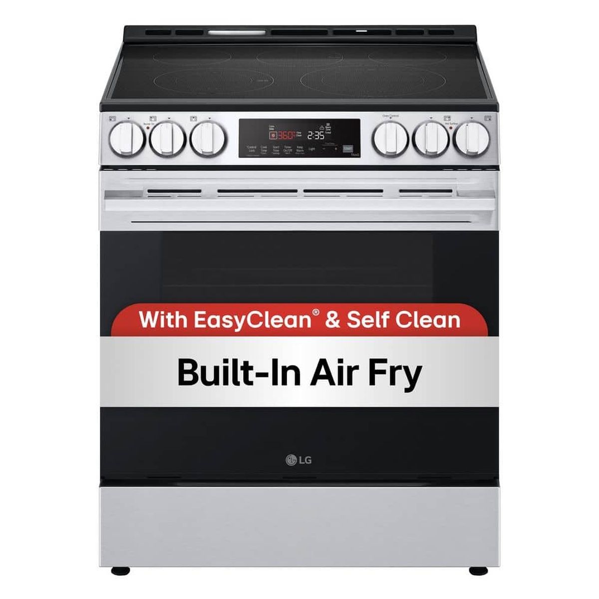 Front view of an LG slide-in electric range with a smooth glass cooktop, front knobs, and a graphic that reads Built-In Air Fry and With EasyClean and Self Clean
