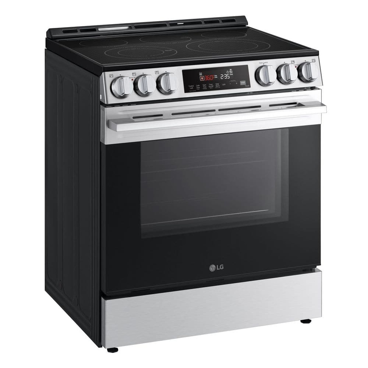 Angled view of an LG slide-in electric range showing the stainless exterior, large oven window, smooth cooktop, and front control knobs