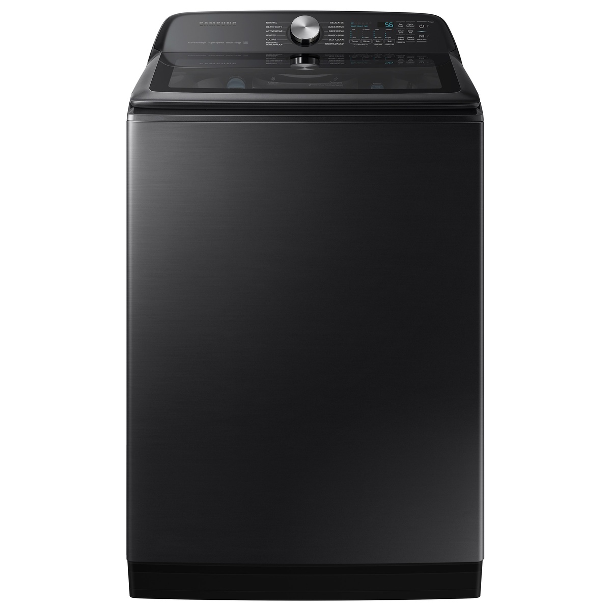 Front view of a Samsung black stainless steel top-load washer with tinted lid and rear control panel