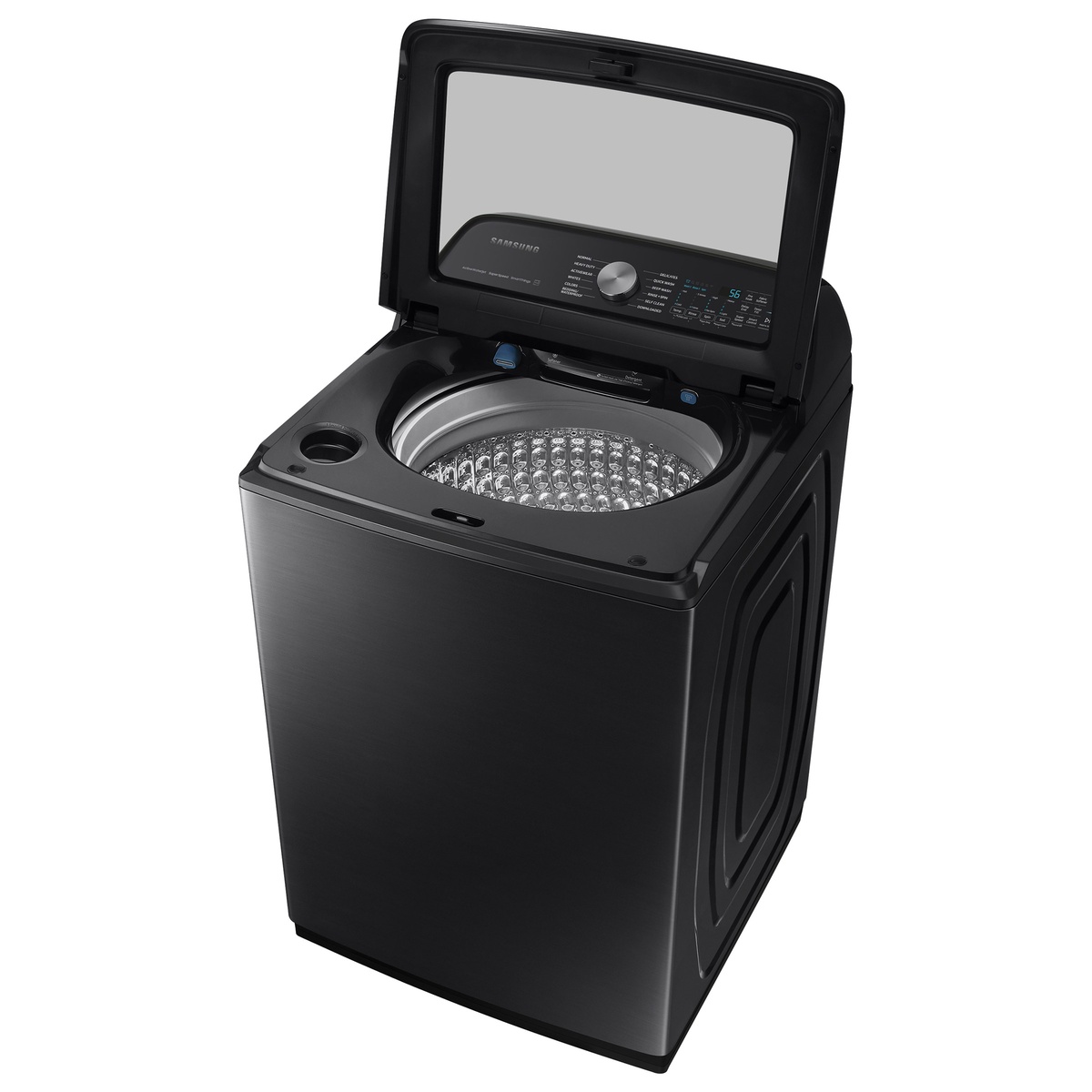 Top-load washer with lid open, showing the stainless-look wash basket and top rim