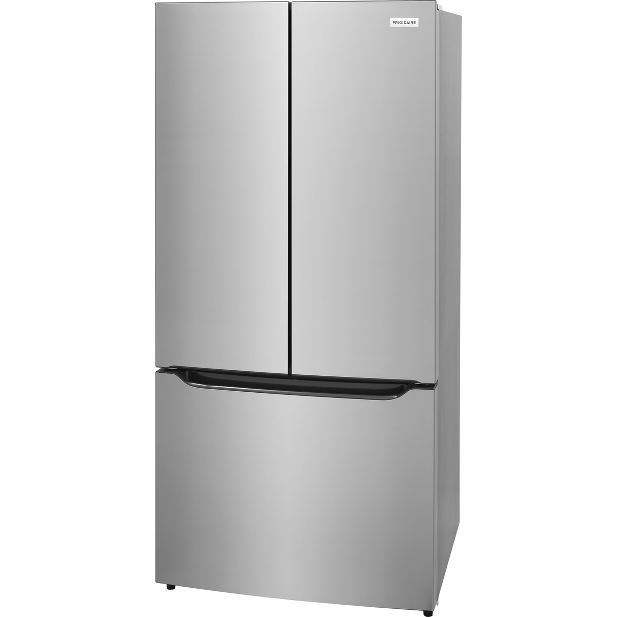 Angled exterior view of the Frigidaire counter-depth French door refrigerator with a bottom freezer drawer and smooth front finish.