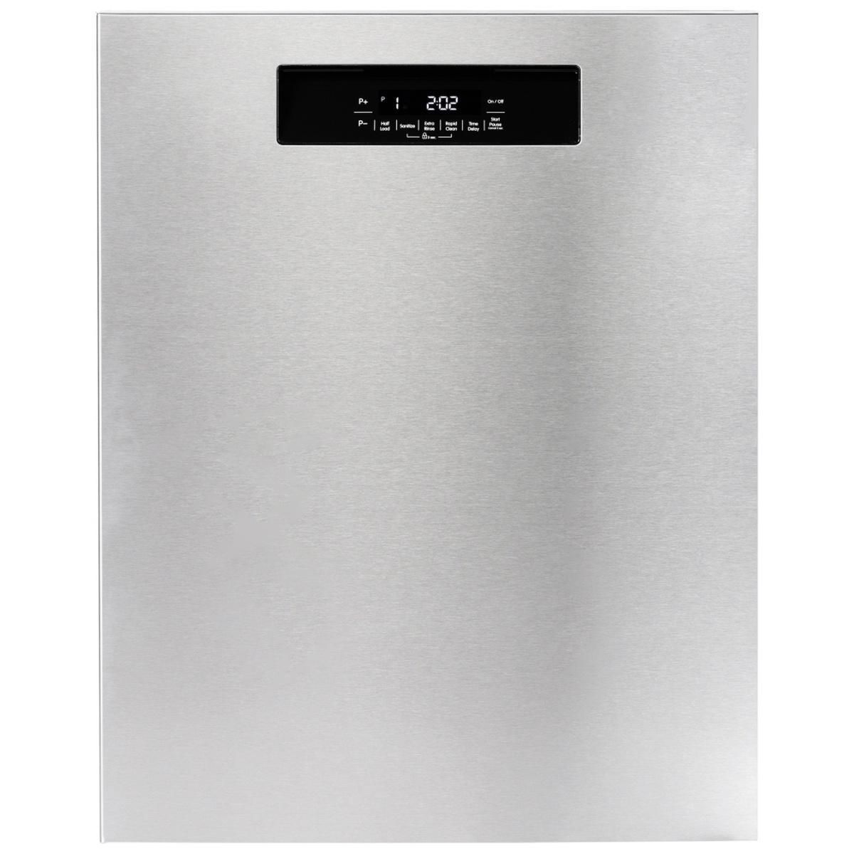 Front view of Blomberg stainless steel dishwasher with full-console electronic control panel