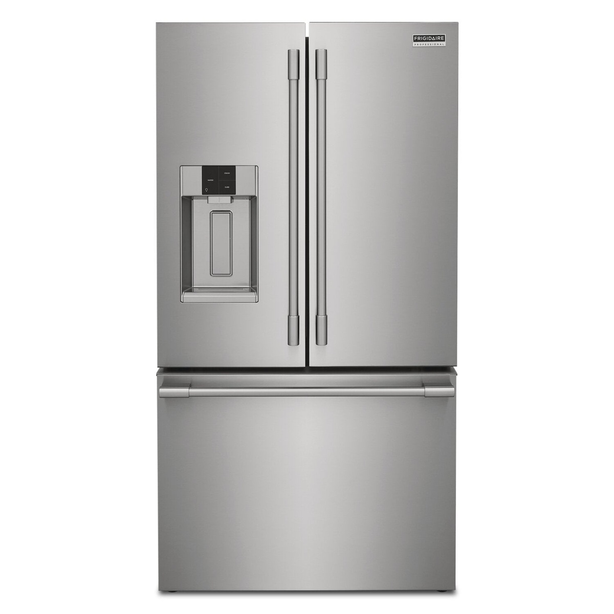 Front view of a stainless Frigidaire Professional counter-depth French-door refrigerator with an external dispenser