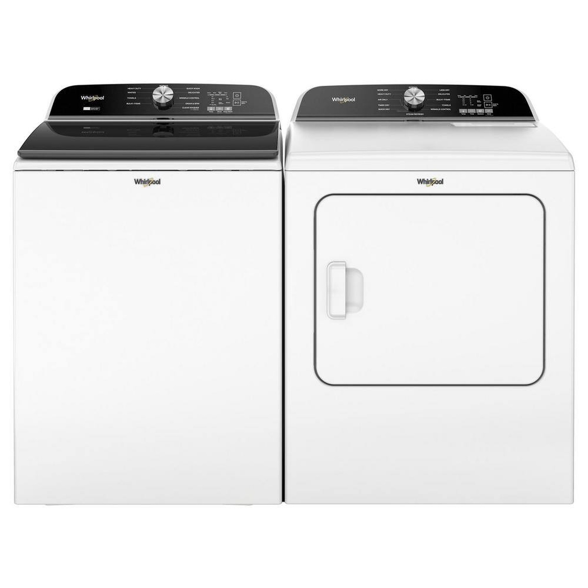 White Whirlpool top-load washer and matching white Whirlpool dryer shown side by side
