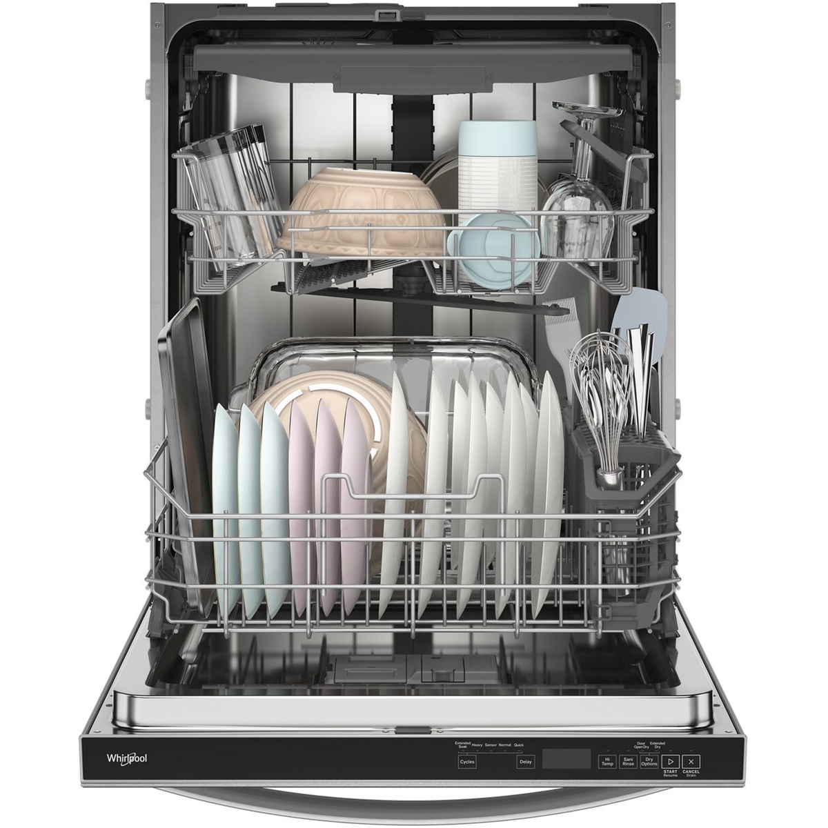 Open Whirlpool dishwasher showing upper and lower racks loaded with plates, bowls, glasses, and utensils