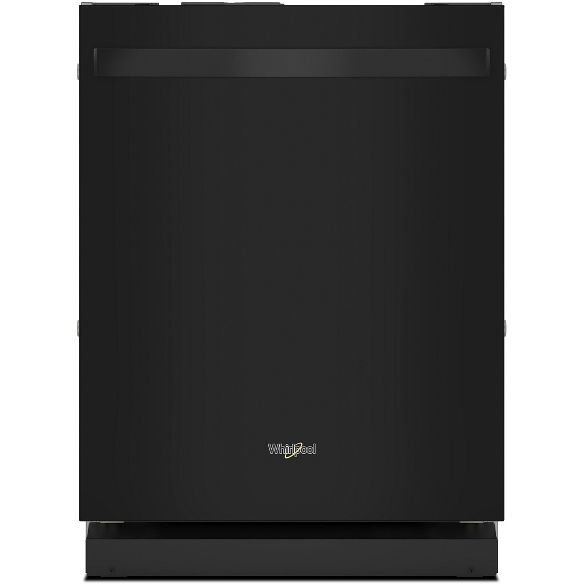 Front view of a black Whirlpool fully integrated built-in dishwasher with a towel bar handle