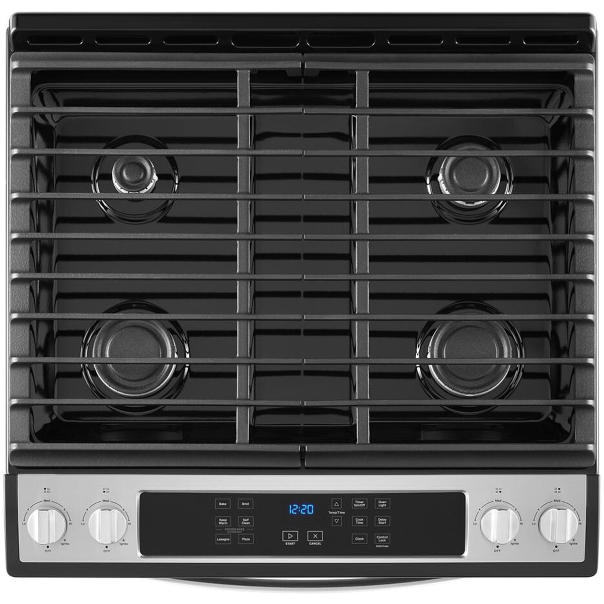 Top view of the Whirlpool slide-in gas range showing four burners, continuous grates, front knobs, and a central digital control panel