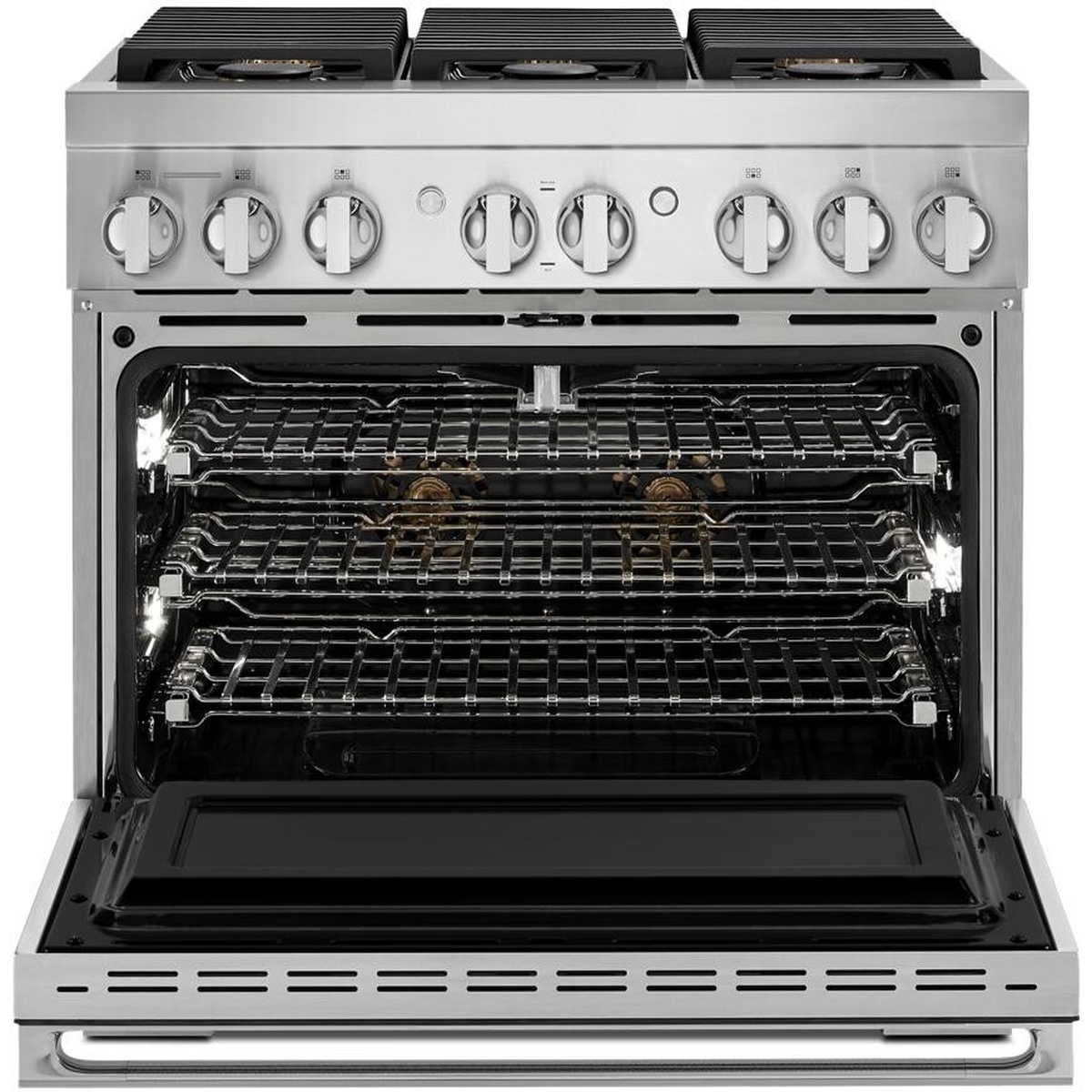 JennAir professional range with the oven door open, showing three oven racks and bright interior lights