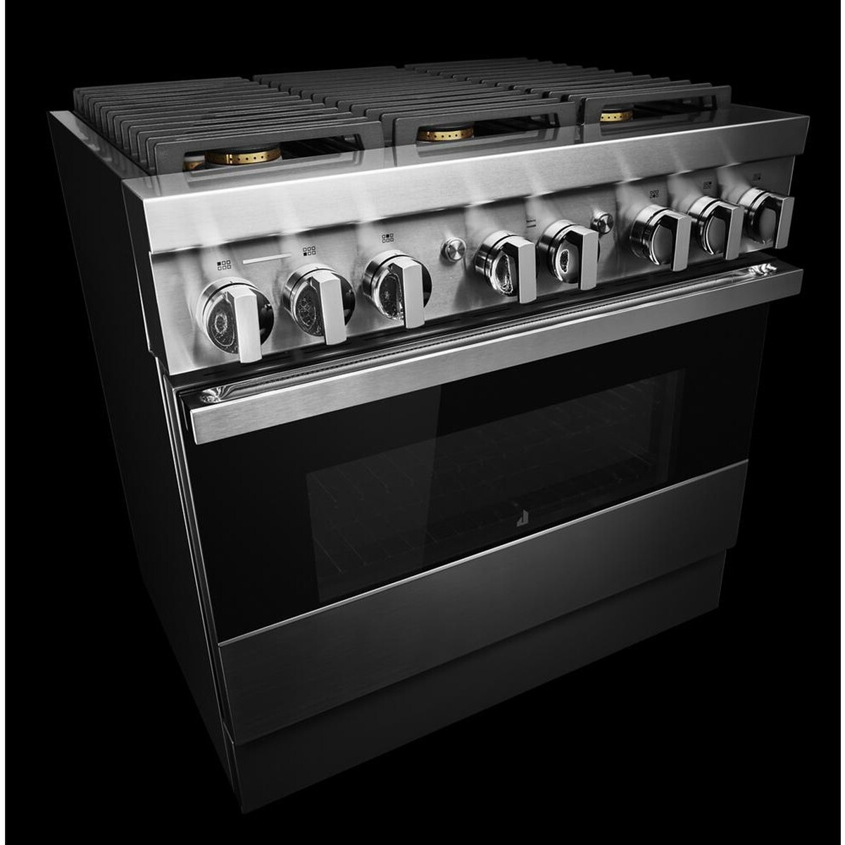 Angled view of a JennAir pro-style range showing heavy cooktop grates, front control knobs, and a towel-bar handle
