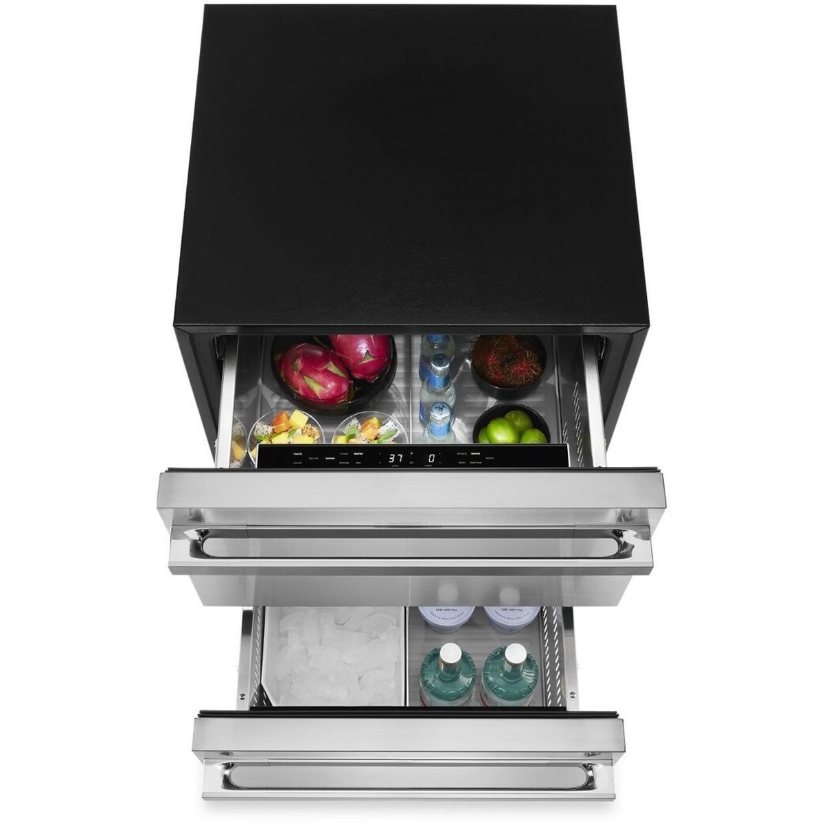 JennAir undercounter refrigerator and freezer drawers shown open with food in the upper drawer and ice in the lower drawer