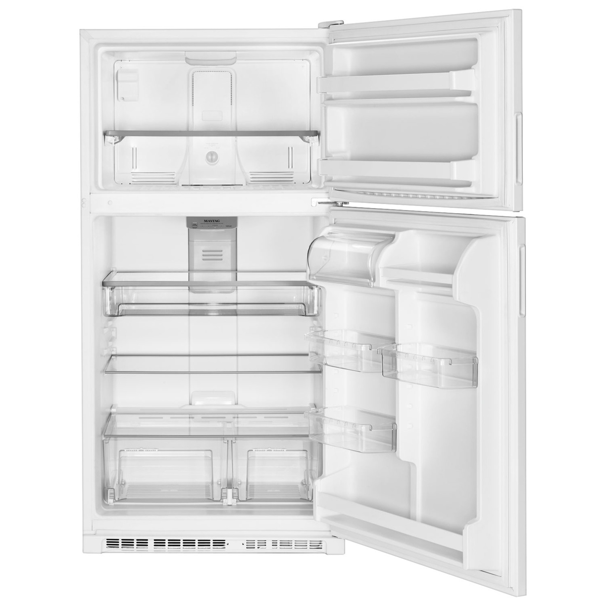 Empty interior of a white Maytag top-freezer refrigerator showing shelves, door bins, and two clear crisper drawers.