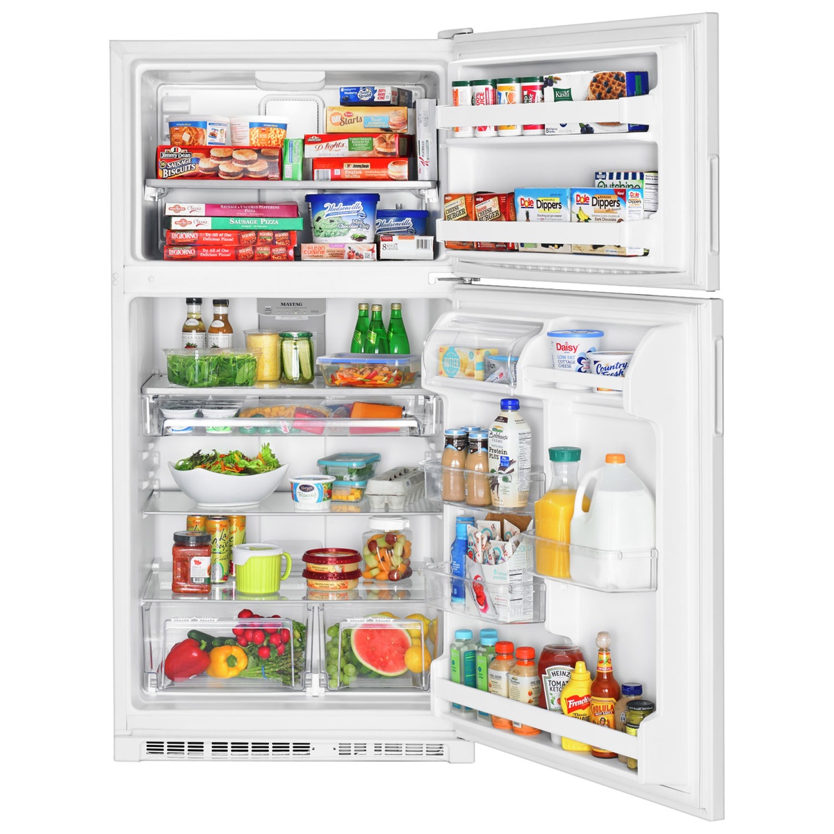 Open Maytag white top-freezer refrigerator fully stocked with food, showing shelves, door bins, and crisper drawers in use.