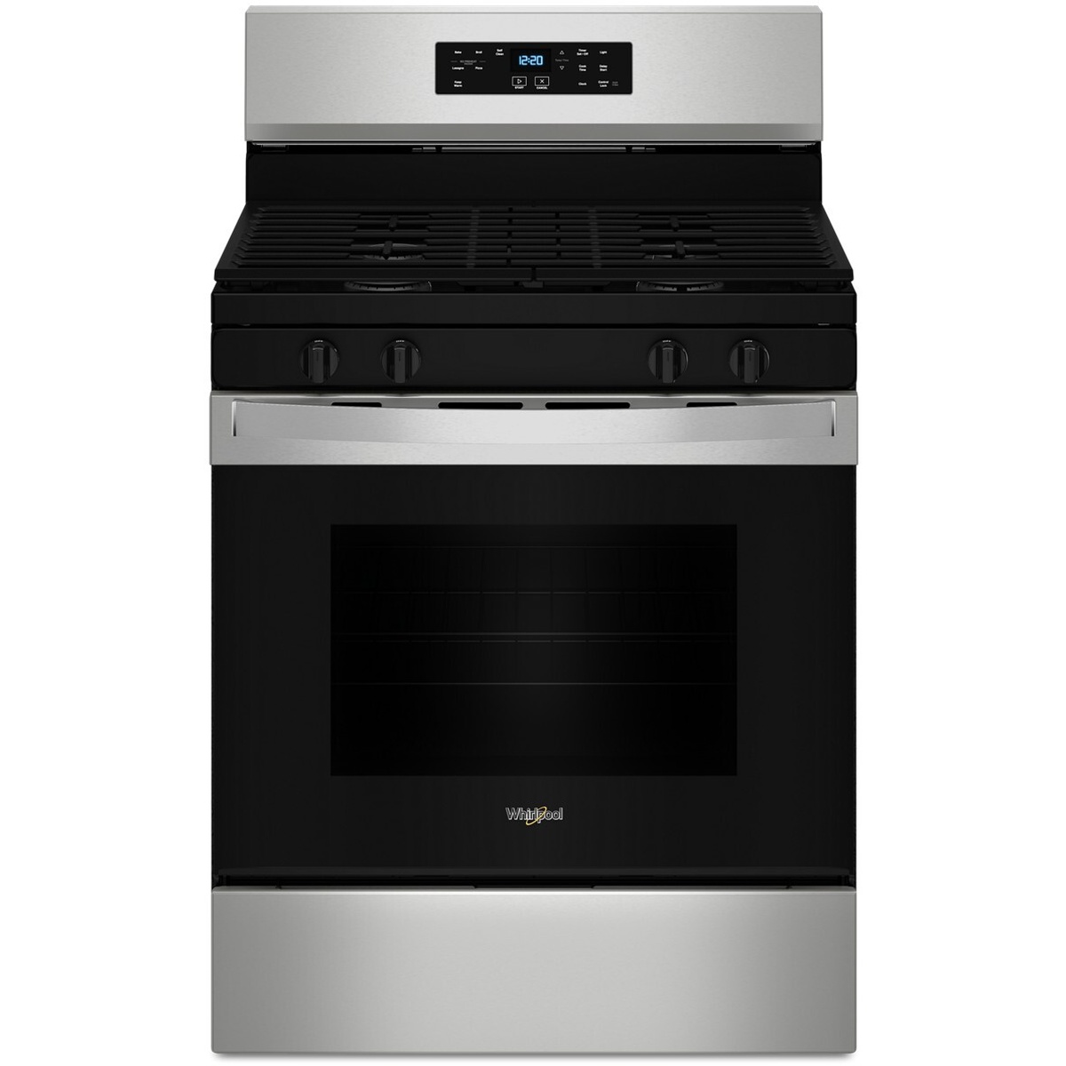 Front view of a Whirlpool stainless steel freestanding gas range with backguard digital display, oven window, and lower storage drawer