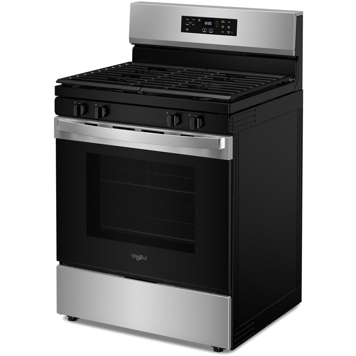 Angled view of the Whirlpool freestanding gas range showing four burners with continuous grates and four front control knobs