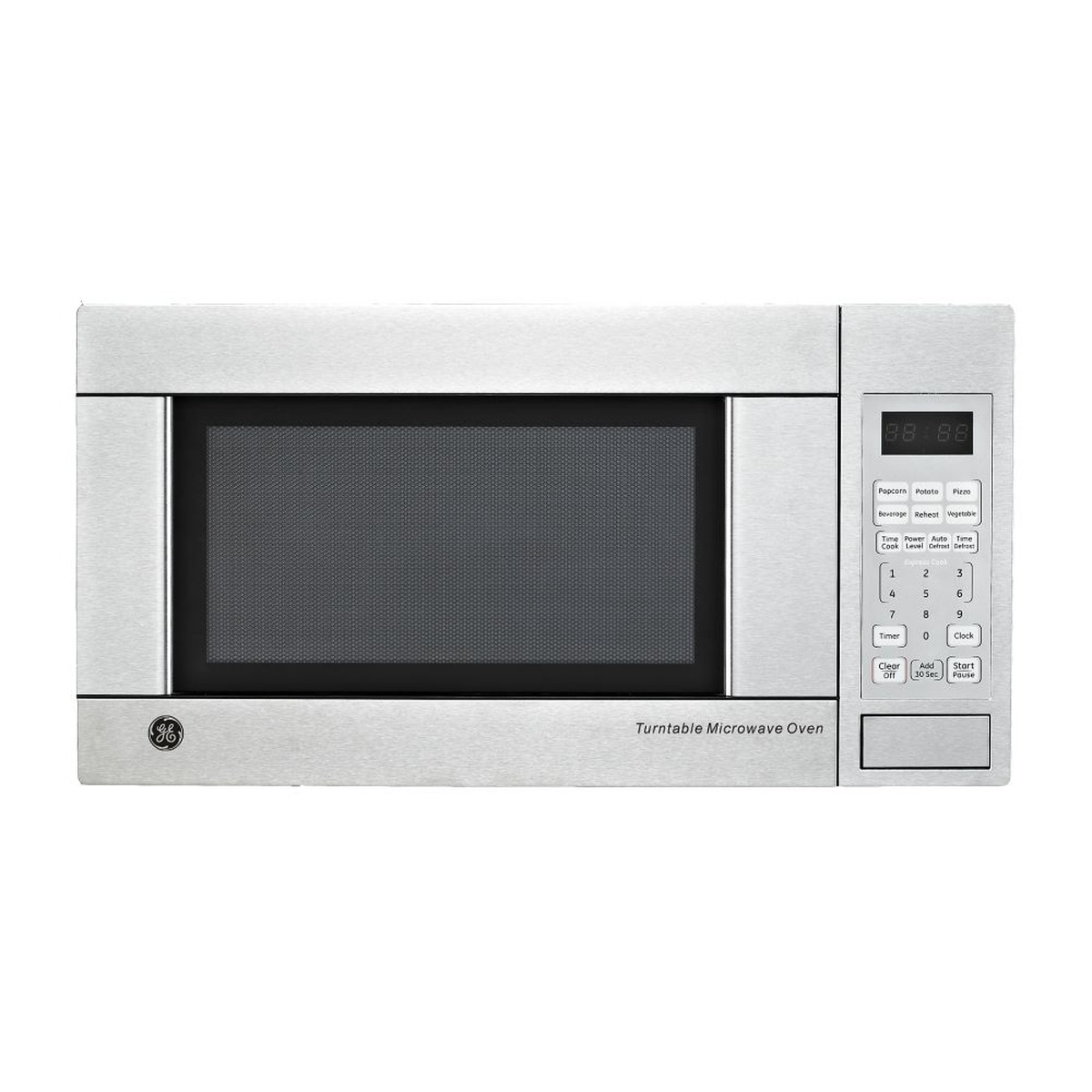 Front view of a stainless GE microwave with right-side keypad and display