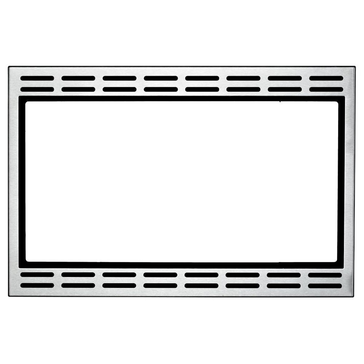 Stainless steel microwave trim kit frame with vent slots along the top and bottom