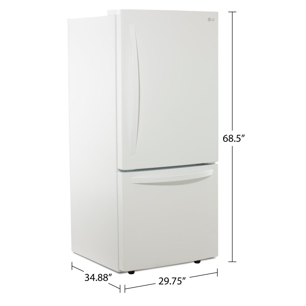 Angled front view of a white LG bottom-freezer refrigerator with size callouts for 68.5 inch height, 29.75 inch width, and 34.88 inch depth
