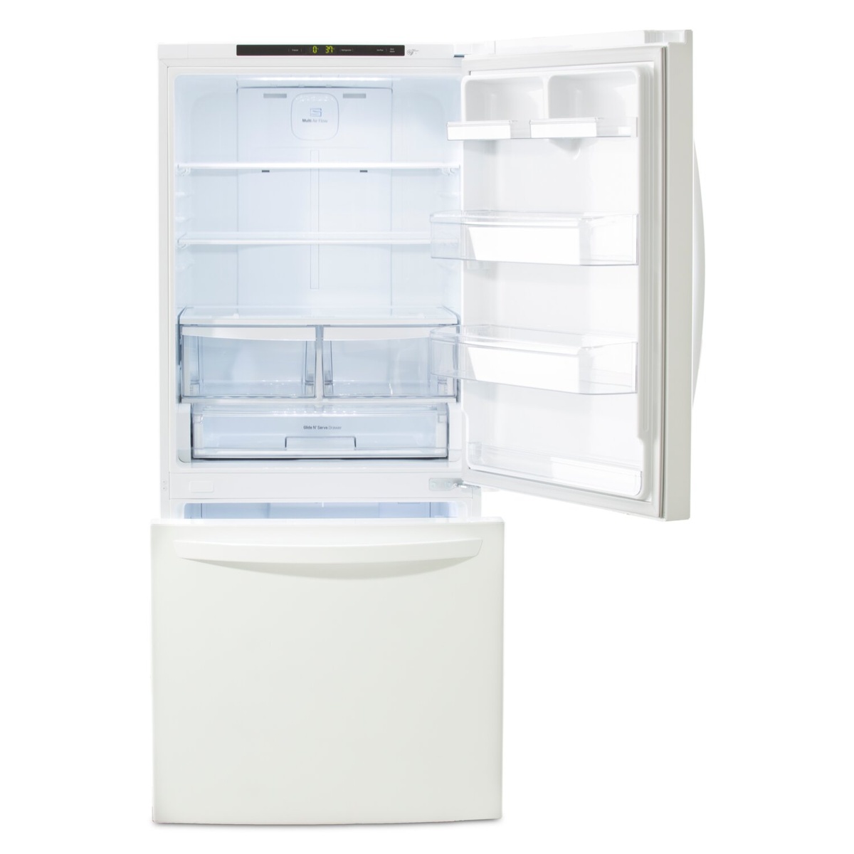 Open LG bottom-freezer refrigerator showing glass shelves, door bins, two clear crisper drawers, and a wide Glide N Serve drawer