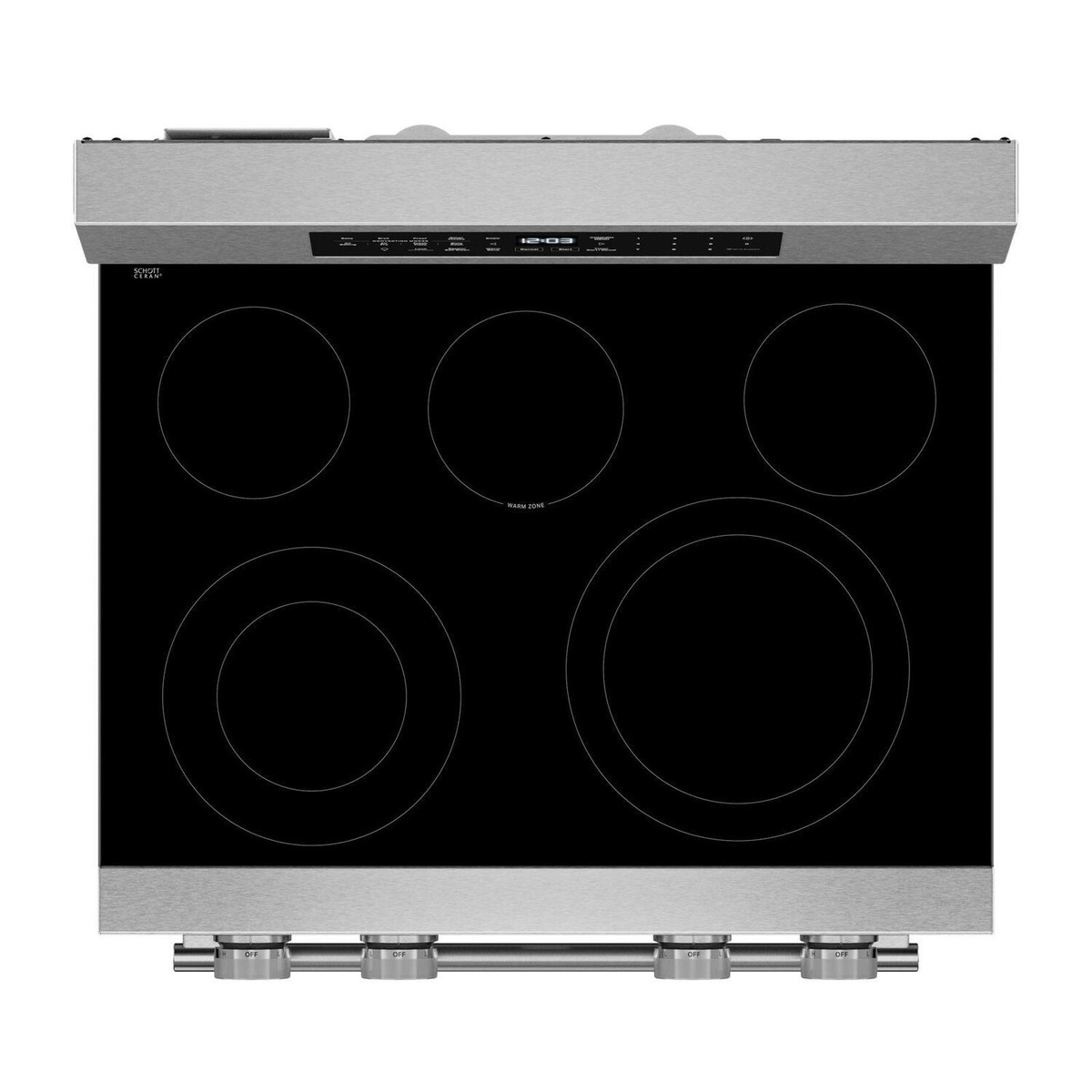 Top-down view of the KitchenAid electric range showing the smooth black glass cooktop with multiple circular heating zones and front control knobs