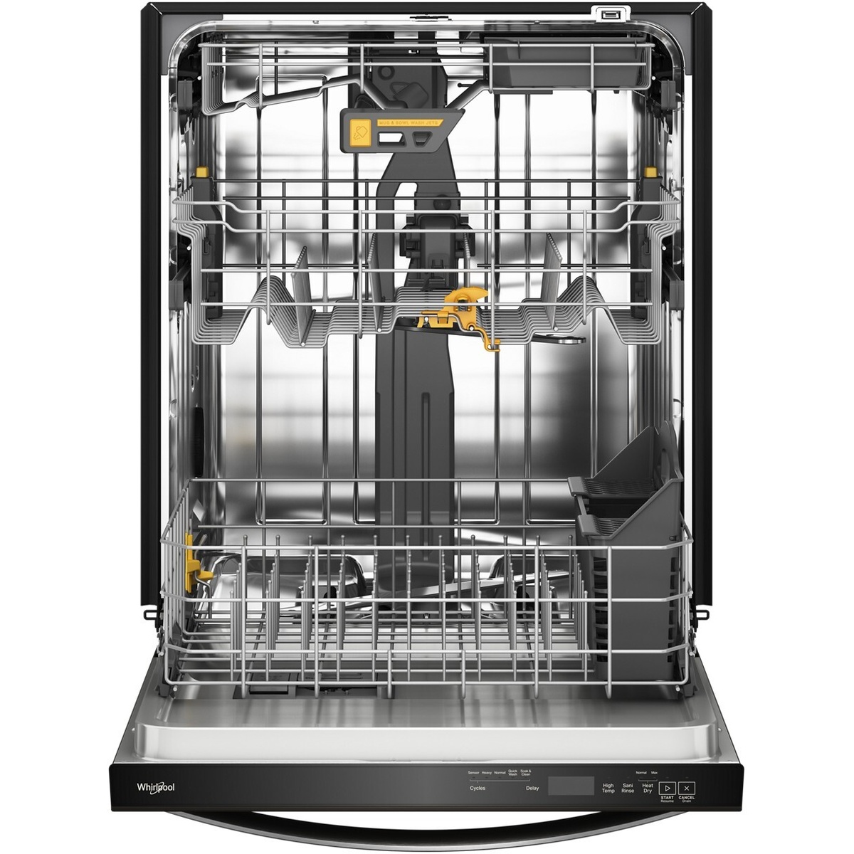 Open Whirlpool dishwasher showing stainless steel tall tub interior with two main racks and a silverware basket