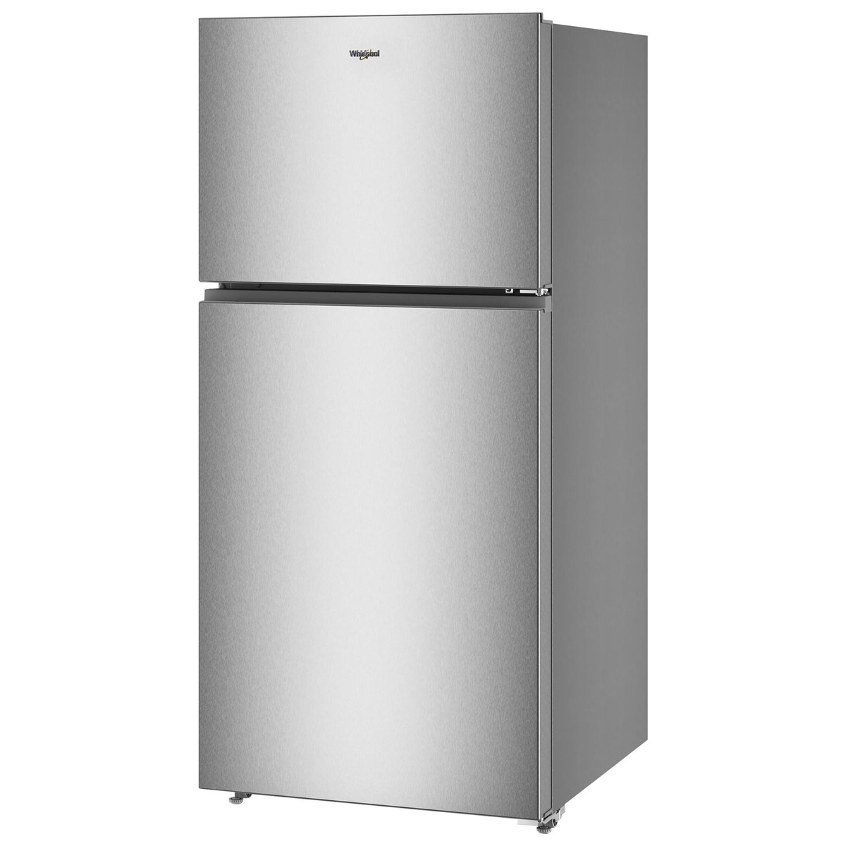 Angled exterior view of a Whirlpool top-freezer refrigerator with a stainless-look finish