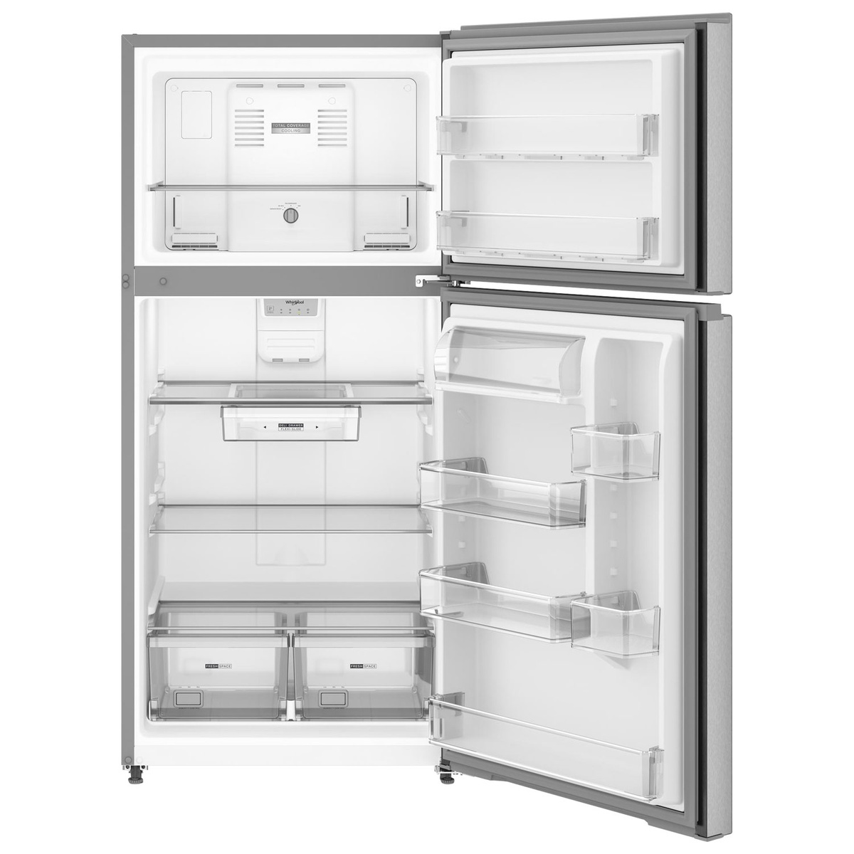 Open Whirlpool top-freezer refrigerator showing glass shelves, door bins, deli drawer, and two crispers