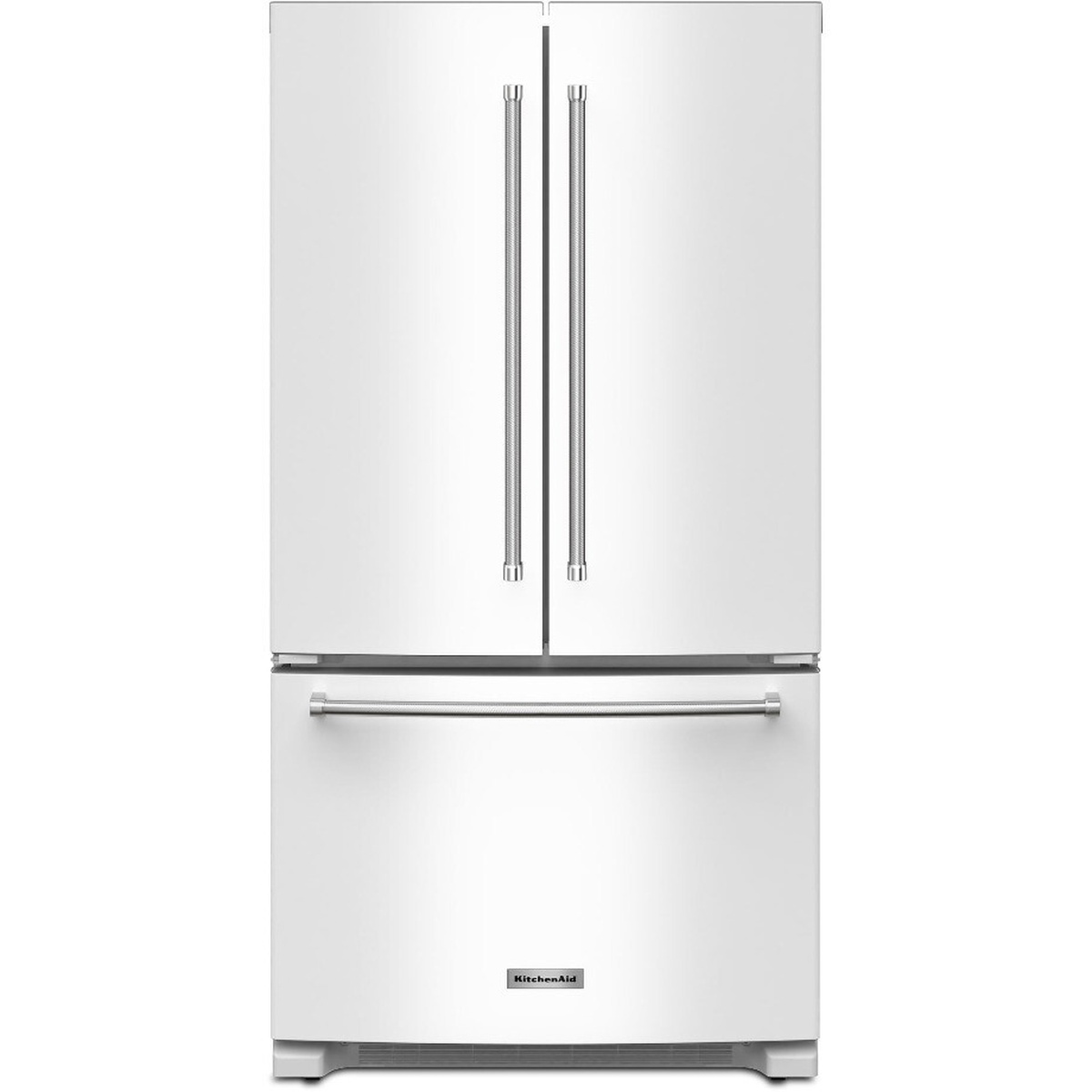 Front view of a white KitchenAid counter-depth French door refrigerator with long vertical handles and a bottom freezer drawer