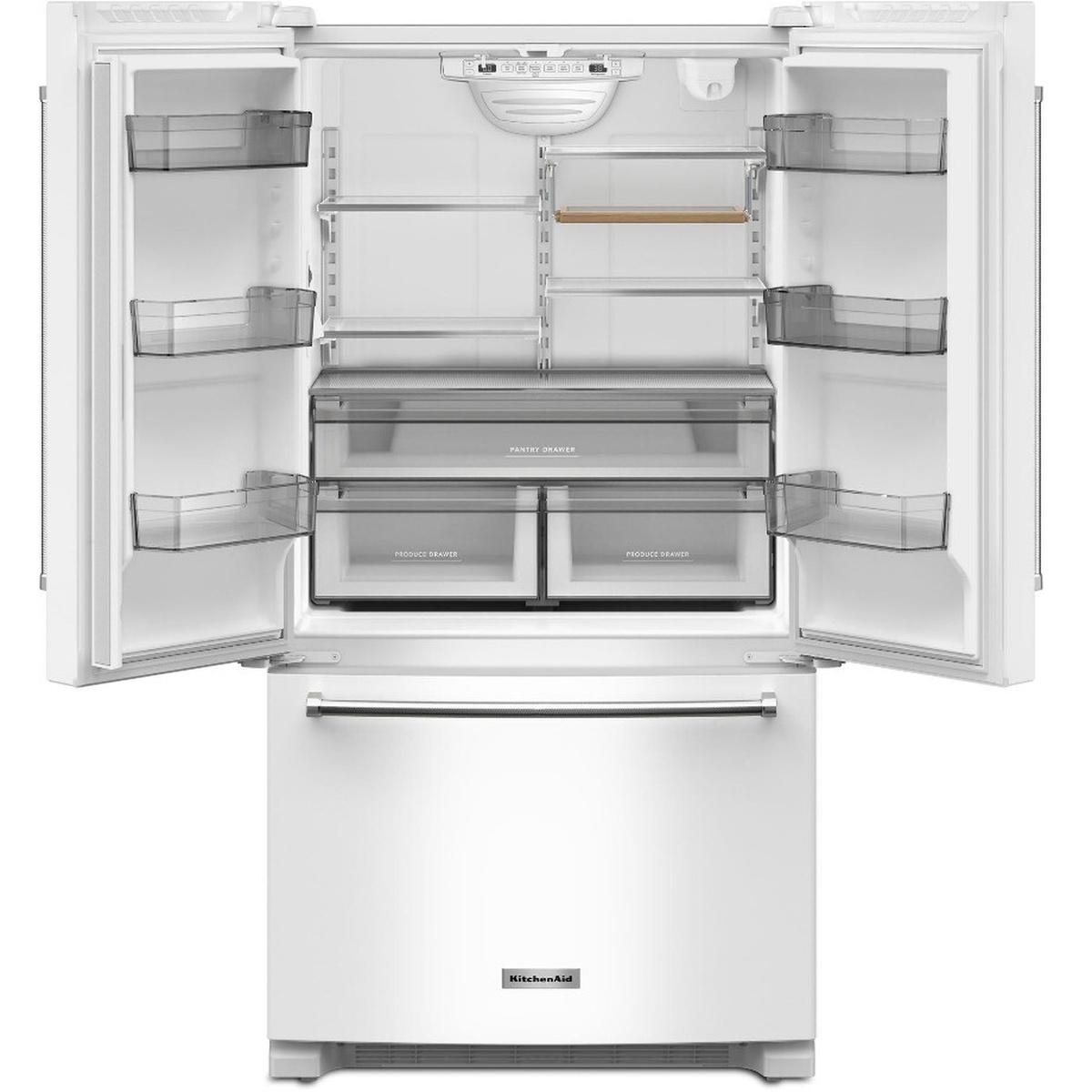 Open KitchenAid French door refrigerator showing adjustable glass shelves, a full-width pantry drawer, two produce drawers, and door bins