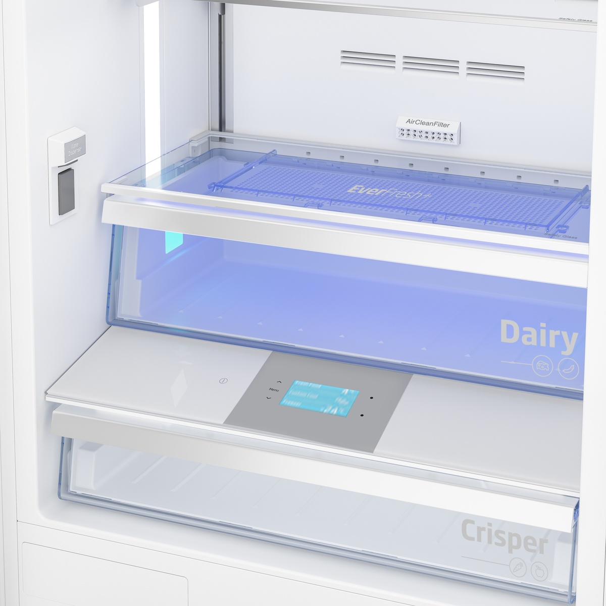 Close-up of freshness drawers and internal digital display inside the refrigerator