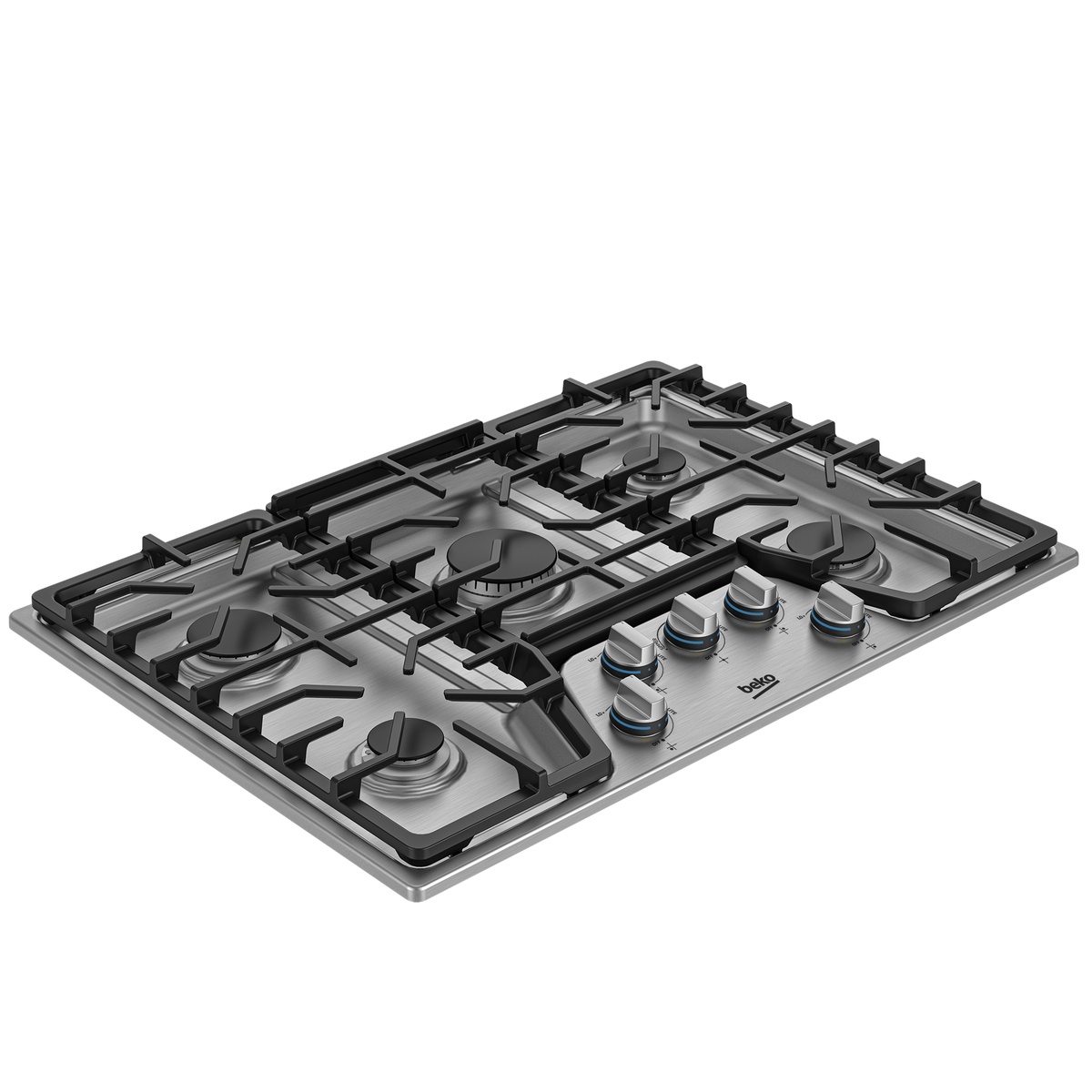 Angled view of built-in gas cooktop showing grates, burners, and front control knobs