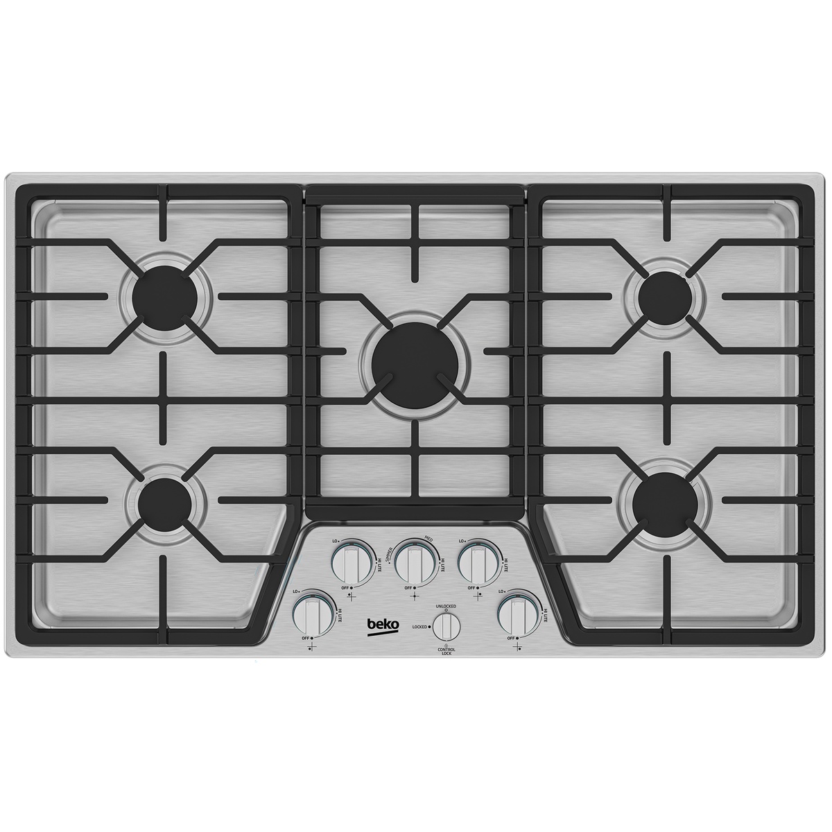 Top view of stainless steel 5-burner gas cooktop with continuous cast-iron grates