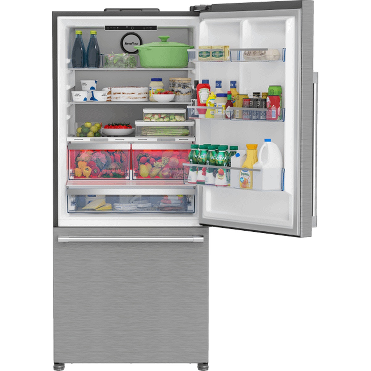 Open refrigerator showing shelves, door bins, and produce drawers